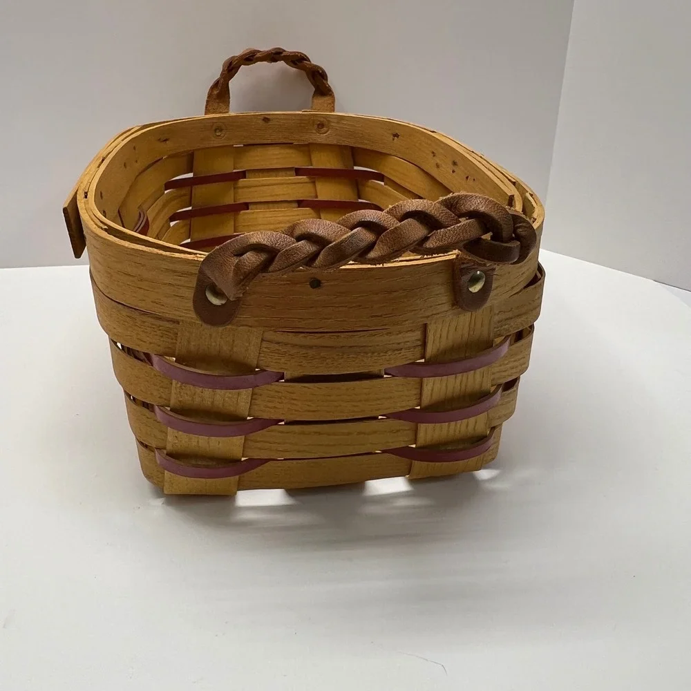 Peterboro Basket Co VTG Yuletide Berry Woven Wood Basket Leather Handle USA Made